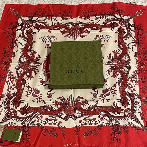 Gucci Accessories - Gucci Red and White Dragon Silk Scarf